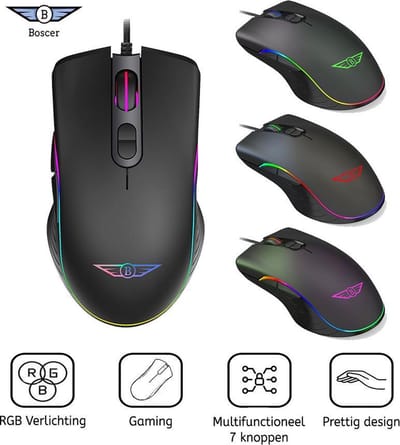 Boscer Gaming Muis | RGB Led Verlichting | 7 Knoppen | DPI 1000 t/m 6400 | Game muis met draad