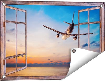 Gards Tuinposter Doorkijk Vliegtuig Boven de Zee bij Zonsondergang - 60x40 cm - Tuindoek - Tuindecoratie - Wanddecoratie buiten - Tuinschilderij