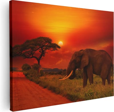 Artaza Canvas Schilderij Zonsondergang Afrika - 40x30 cm - Klein - Wanddecoratie Olifant - Muurdecoratie Dieren - Schilderijen Op Canvas