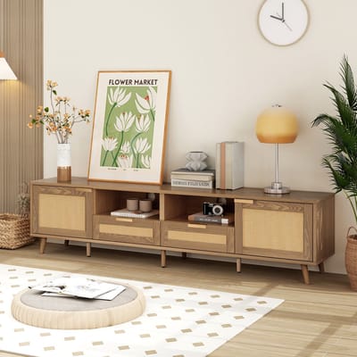 Wishdor Tv-Meubel - Rattanlook - Met Massiefhouten Poten - Met Verstelbare Middenpoten - Spaanplaat - Eikenkleur - 200 X 37 X 49 Cm