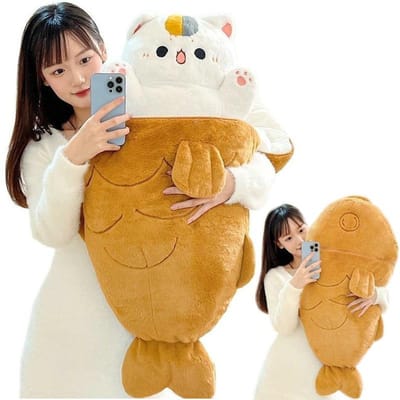 80X45Cm Kawaii Taiyaki Kat Pluche Speelgoed Konijn Verbergt Zich In Wortel Hond In Grote Botten Veer Dieren Pluche Kussen Voor Kinderen Meisje about 30cm beige