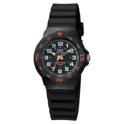 Q&Q VR19J008Y - Horloge - Sport - Analoog - Dames - Vrouwen - Kinderen - Plastic band - Rond - Kunststof - Cijfers - Zwart - Oranje - 10 ATM