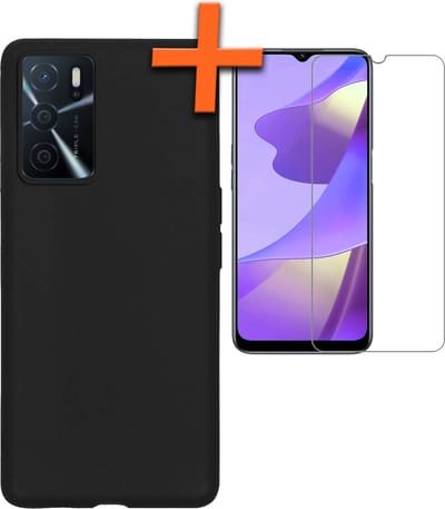 Hoes - Met Screenprotector - Geschikt voor OPPO A16 - Sterk & Shockproof - Back Cover - Siliconen Case - Telefoon Hoes - Zwart