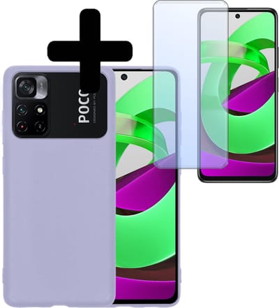 Hoesje - Met Screenprotector - Geschikt voor Xiaomi Poco M4 Pro 5G - Sterk & Shockproof - Back Cover - Siliconen Case - Telefoon Hoes - Telefoonhoesjes - Lila