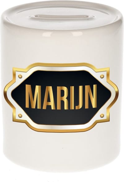Spaarpot met voornaam Marijn - wit - met goud/zwart embleem - 8 x 9 cm - keramiek - met afsluitdop - cadeau verjaardag