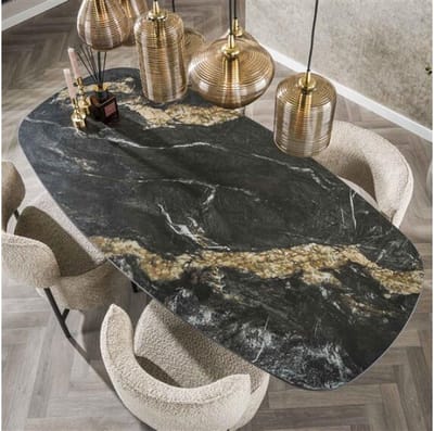 Eettafel Fossil deens ovaal keramiek 180x90x76 cm - zwart - marmer look