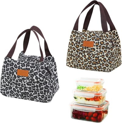 Pack of 2 Lunch Boxes - Square Lunch Bag voor Vrouwen - 5.28L Grote Capaciteit - Ontbijt Tas - Draagbaar en Vouwbaar - Waterdichte Leopard Zip