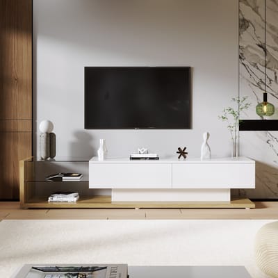Tv-meubel - combinatie van glanzend witte en houtkleuren - glazen scheidingswanden en dimbare LED-verlichting