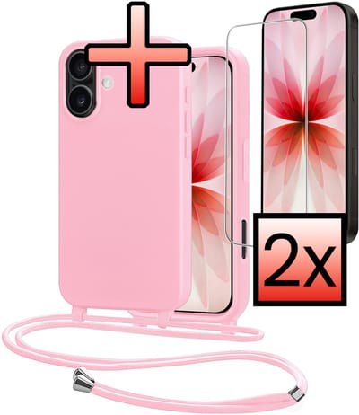 Hoes Geschikt voor iPhone 17 Met Telefoonkoord Met 2x Screenprotector - Siliconen Hoesje Backcover Met Ketting - Lichtroze
