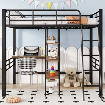 Hoogslaper - 90x200 cm - zonder matras - bed met bureau - meerdere planken - reling - ladder - zwart