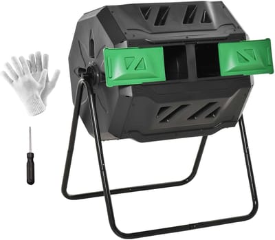 Compostbak-Tuincomposter Composttrommel - Roterende compostbak - Compostvat 160L-Gft composter – Draaibaar – 2 kamers – Robuust - Tuin - 71x65x96 cm- 1 stuk-Zwart