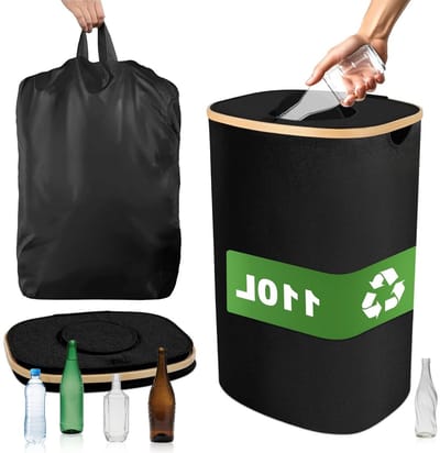 Grote 110 Litre Afvalcontainer met Deksel en Gat, Ideaal voor Recyclen en Opslag in Keuken, Inclusief Draagtas en Lege Flessen