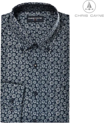 Chris Cayne overhemd lange mouw - M - navy/groen - borstzak - geprint dessin - 100 % Katoen