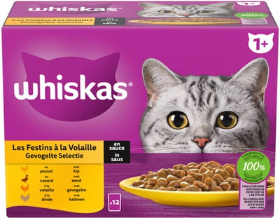 Whiskas Kattenvoer Nat Pouch 1+ Adult Saus Gevogelte Selectie - 12 x 85 gr
