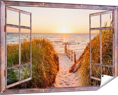Gards Tuinposter Doorkijk Voetpad in de Duinen met Zonsondergang - 150x100 cm - Tuindoek - Tuindecoratie - Wanddecoratie buiten - Tuinschilderij