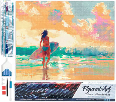 Figured'Art Diamond Painting set Volwassenen 40x50 cm Surfer meisje bij zonsopgang - 5D DIY Art full drill vierkante diamant - Opgerold canvas