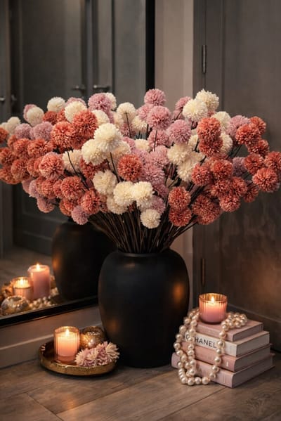 Pompom Spray Oud Roze 98 cm - Tak 7 pompom bloemen - Decoratieve Siertak voor Vaas - Woondecoratie - Kunsttak