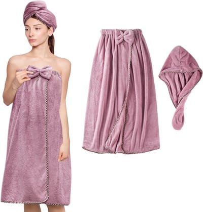 Microvezel badhanddoek voor dames - Verstelbare, zachte wikkelhanddoek met haardroogdoek. Perfect om lichaam en hoofd te bedekken na het douchen. Superabsorberend voor het snel drogen van haar en lichaam - Paars.