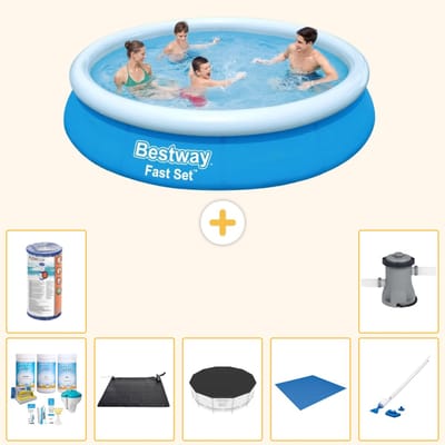 Bestway Rond Opblaasbaar Fast Set Zwembad - 366 x 76 cm - Blauw - Inclusief Onderhoudspakket - Solar Mat - Afdekzeil - Grondzeil - Filter - Stofzuiger - Zwembadfilterpomp - 8-delig