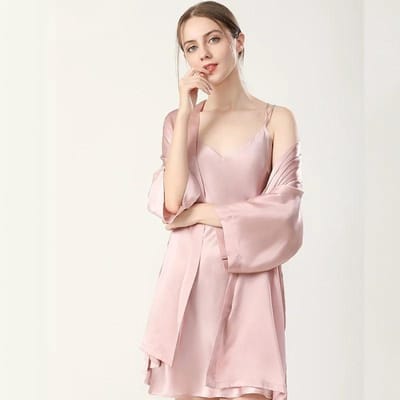 Ensemble Pyjama et Peignoir en Soie 2 Pièces Sexy Femme Soie de Mûrier Peignoir Ensemble Nuisette Pyjama Kimono Décontracté Pyjama 2XL beige