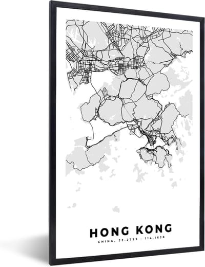 Fotolijst incl. Poster Zwart Wit- Hong Kong - Stadskaart - Zwart Wit - Plattegrond - Kaart - 40x60 cm - Posterlijst