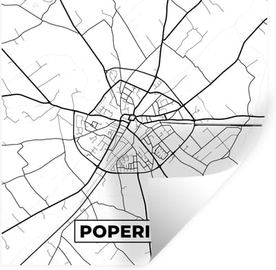 Muurstickers - Sticker Folie - België – Poperinge – Stadskaart – Kaart – Zwart Wit – Plattegrond - 100x100 cm - Plakfolie - Muurstickers Kinderkamer - Zelfklevend Behang XXL - Zelfklevend behangpapier - Stickerfolie