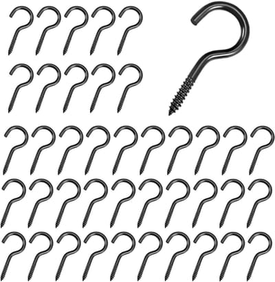 Schroefhaken 40 stuks zwarte schroefoogbout roestvrij staal zwart kleine schroefhaken voor houten haken voor hangende planten, kunstdecoratie, sleutel (M2-24 mm)
