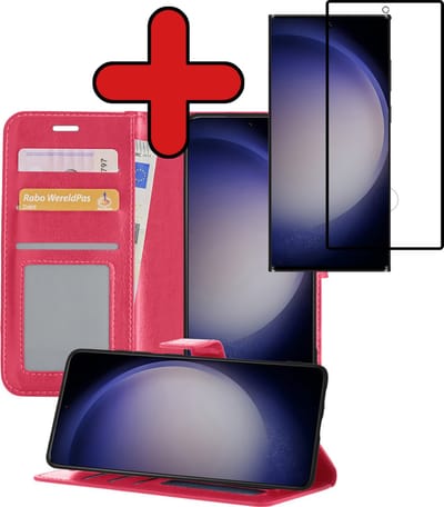 Hoesje - Met Screenprotector - Geschikt voor Samsung Galaxy S23 Ultra - Luxe Pasjeshouder - Flipcase - Bookcase Portemonee - Flip Case - Kunstleer Book Case - Book Cover - Walletcase - Portemonneehoes - Telefoonhoes - Donkerroze