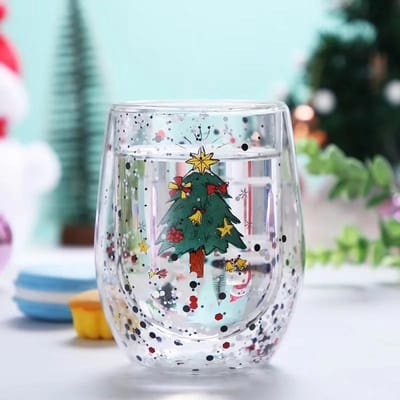 Kerst Dubbelwandig Glazen Kopje Hittebestendig Waterkopje Kerstboom Sneeuwpop Patroon Sap Thee Melk Koffiemok Kerstcadeau 300ML gray