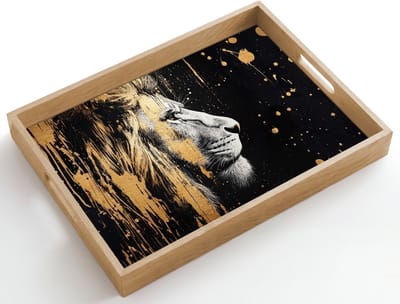 Dienblad hout 50x35 cm - Schootdienblad - Portret - Leeuw - Abstract - Goud - Borrelplank rechthoek - Plateau dienbladen