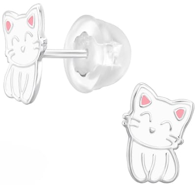 Joy|S - Zilveren kat poes oorbellen - wit met roze oortjes - massief - 6.5 x 9.1 mm - kinderoorbellen - extra zacht sluiting (vlindersluiting met siliconen omhulsel)