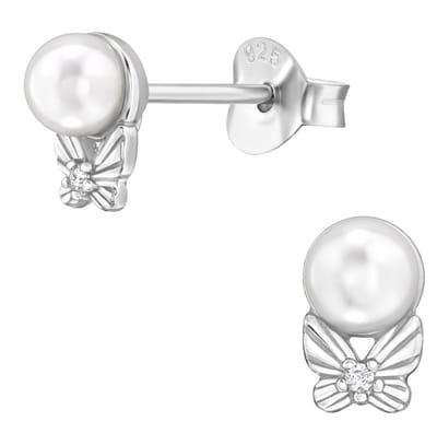 Joy|S - Zilveren parel met vlindertje oorknopjes - 4.3 x 6.8 mm - sterling zilver 925 - oorbellen