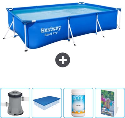Bestway Rechthoekig Steel Pro Zwembad - 300 x 201 x 66 cm - Blauw - Inclusief Pomp - Afdekzeil - Chloor - Zwembadgids