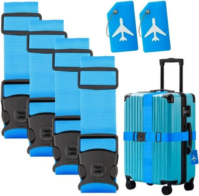 Famanu – Kofferriem set van 4 - met bagagelabel - verstelbare bagageriemen - blauw - duurzaam en stevig - ideaal voor koffer - reistas en veilig reizen