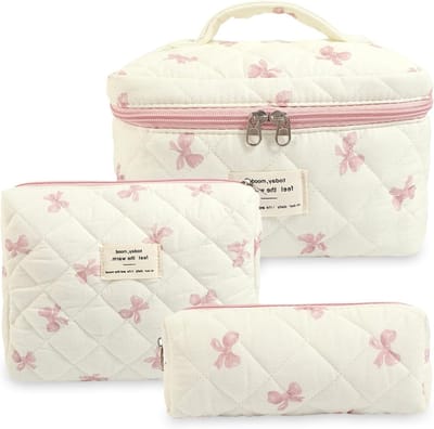 3-delige Coquette Make-up tas Set, Gewatteerde Cosmetische Tas voor Vrouwen, Grote Capaciteit Toilettas met Bloemenprint, Ideaal voor Reizen en Organisatie van Make-up en Toilettasjes