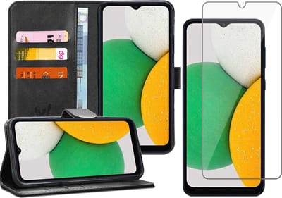 Hoesje geschikt voor Samsung Galaxy A03 Core - Book Case Kunstleer Wallet Cover Portemonnee Pasjeshouder Hoes Zwart - Tempered Glass Screenprotector
