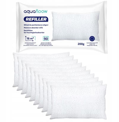 Aquafloow 10x Navulzak Granulaat 200 g, Navulverpakking voor ruimte ontvochtiger, voor ruimtes tot 16 m², voorkomt onaangename geure