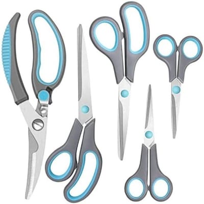 Famanu – Keukenschaar set voor keuken en huishouden, roestvrijstalen bladen, zachte grip, 5 stuks