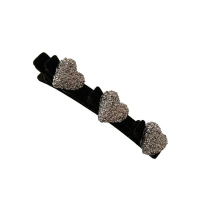 Zwart haar clip – fluweel look haarspeld met zilverkleurige glitter hartjes – decoratieve haar accessoire voor dames – 1 stuk
