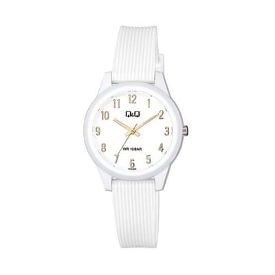 Q&Q VS13J008Y - Horloge - Sport - Analoog - Dames - Vrouwen - Plastic band - Rond - Cijfers - Kunststof - Wit - Goudkleurig - 10 ATM