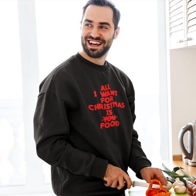 Foute Kersttrui Zwart - All I Want For Christmas Is Food Red - Maat L - Kerstkleding voor dames & heren