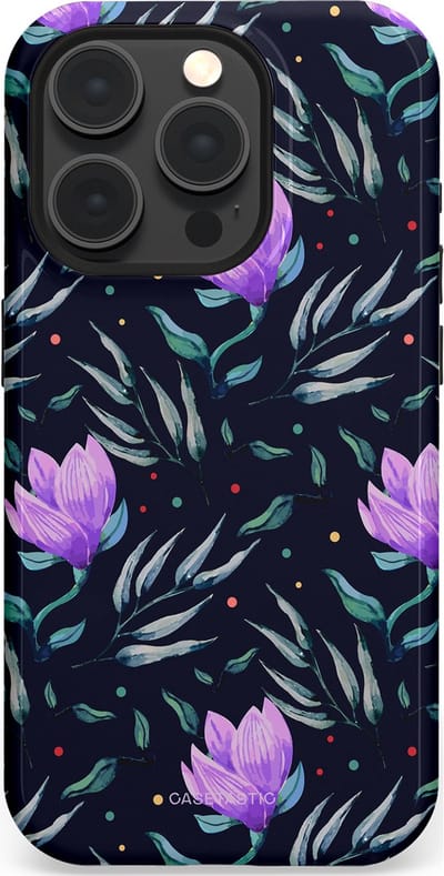 Casetastic hoesje geschikt voor Apple iPhone 15 Pro - MagSafe - Dubbellaagse bescherming - Mystieke bloemenzee - Fashion Case - Donkerblauw Donkergrijs Grijs Lavendel