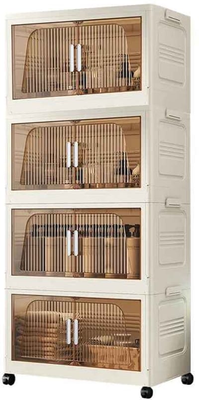 Casa Living Opbergkast - Opvouwbare Opbergdoos - 4-Laags Design - Stapelbaar met Wielen - Transparant Beige - 40x25x89CM