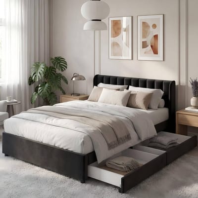 MEUNIQ tweepersoons fluwelen bed 140 x 200 cm met lattenbodem, hoog hoofdbord en 2 lades, zwart, bedframe voor slaapkamer of logeerkamer