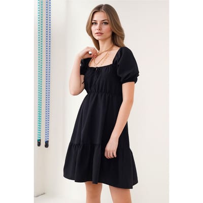 Vierkante Hals A-Form Mini Jurk met Strik