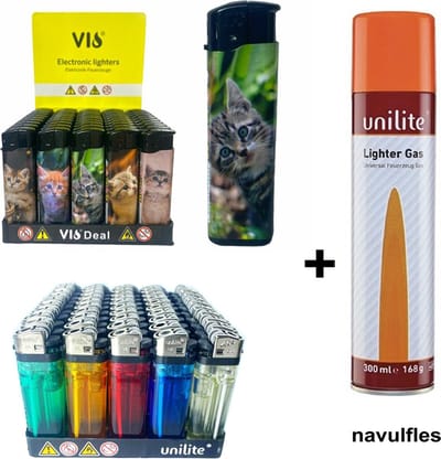Aanstekers voordeel pak mix 100 stuks + gasfles - vuursteen en klik aanstekers