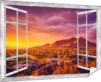 Gards Tuinposter Doorkijk Woestijn Landschap met Zonsondergang - 180x120 cm - Tuindoek - Tuindecoratie - Wanddecoratie buiten - Tuinschilderij