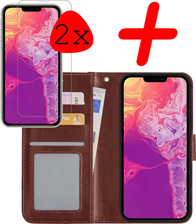 Hoesje Met 2x Screenprotector - Geschikt voor Apple iPhone 14 - Luxe Pasjeshouder - Bookcase Portemonee - Flip Case - Kunstleer Book Case - Flipcase Hoes - Book Cover - Walletcase - Portemonneehoes - Bruin