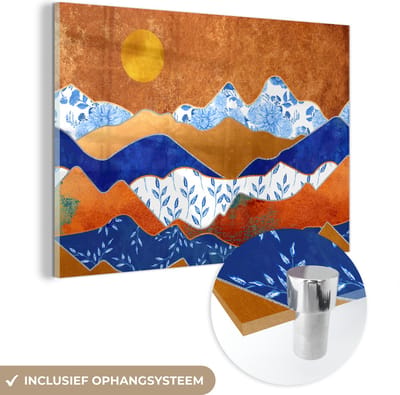 MuchoWow® Glasschilderij 60x40 cm - Schilderij acrylglas - Delfts Blauw - Goud - Patronen - Foto op glas - Schilderijen