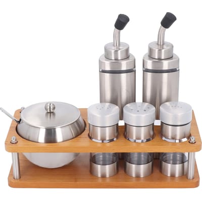 Ensemble de distributeurs de condiments de cuisine avec base en bois Ensemble de bouteilles à huile et vinaigre multifonctionnelles pour le sel L